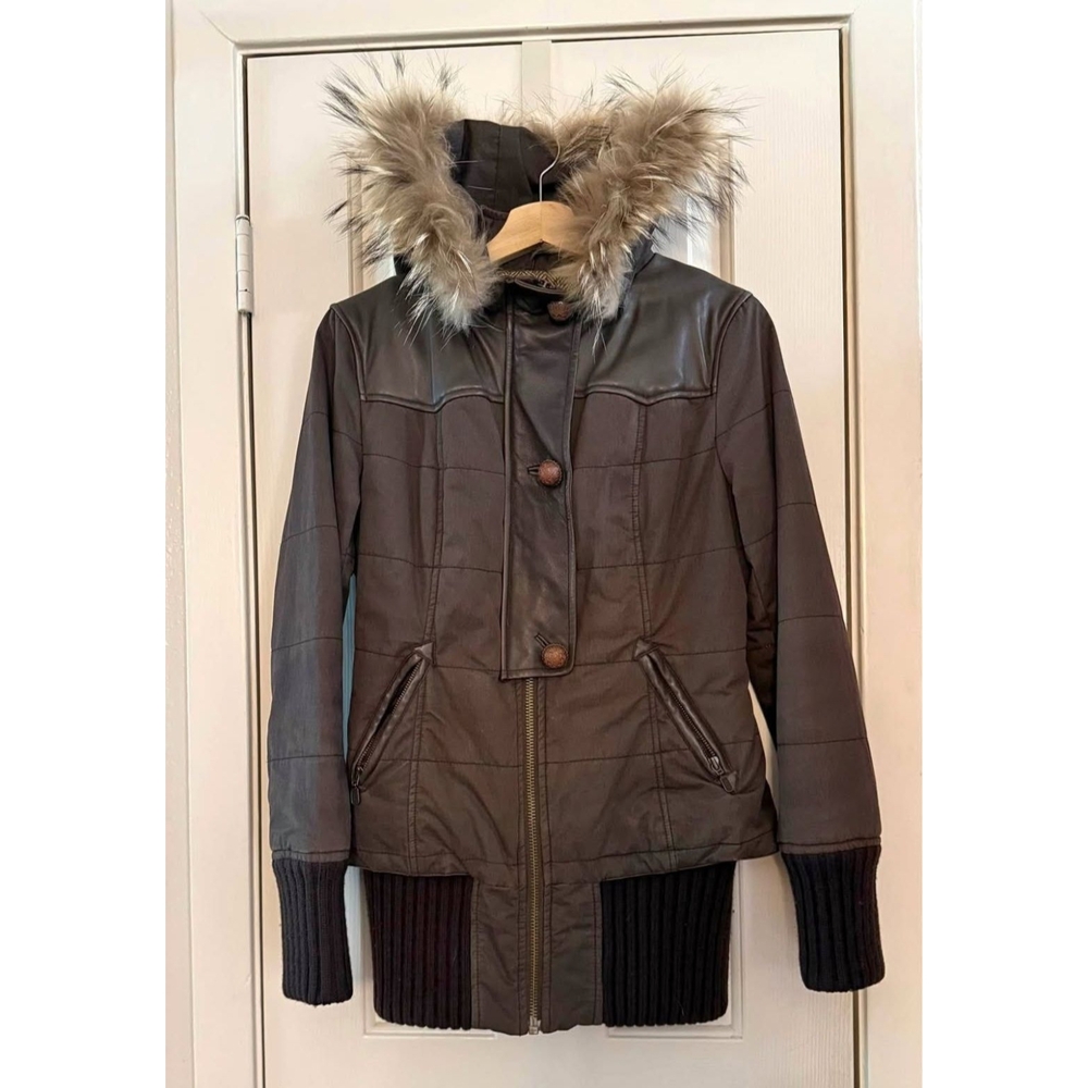 Mackage Brown Fur Trim Puffer Jacket Women’s Small Leather Wool Trim